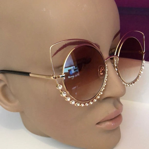 GOLD Rhinestone Geometric point Round Sunglasses - Picture 5 of 8